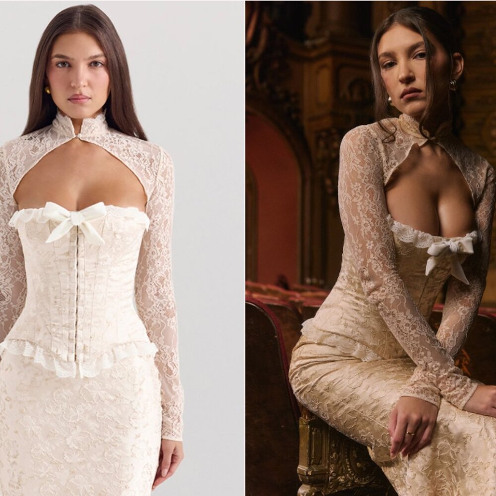 House of CB ‘Perdita’ & ‘Mara’ Ivory Metallic jacquard corset, bolero maxi Set - Picture 1 of 11